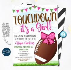 a football themed birthday party card with a pink bow on the front and green grass in the back