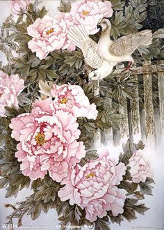 a painting of two birds sitting on top of pink peonies and green leaves