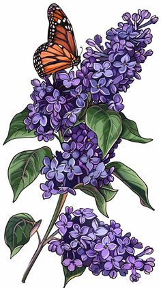 a butterfly sitting on top of purple lilas with green leaves and flowers in the foreground