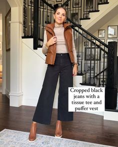 Merrick White / Style Educator | How to half tuck (or French tuck) your shirt so it looks purposeful! 🙏🏼 So many of you have told me you’ve tried a half tuck and a grandma... | Instagram Puffer Vest, Fall Wardrobe, See It, Black Jeans, Let Me, Wardrobe