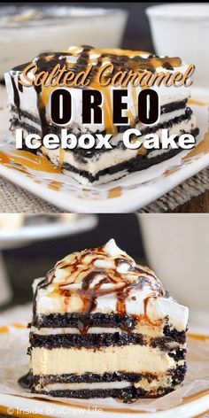 two pictures of different types of icebox cake on plates with the words iced caramel oreo