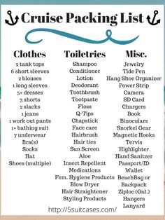 the cruise packing list is shown in blue and white, along with an ocean background