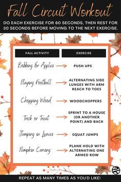 the fall circuit workout plan is shown with leaves and pumpkins on it, as well as