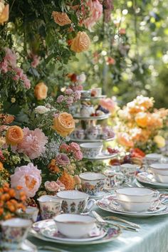 a long table with tea cups and saucers on it, surrounded by colorful flowers