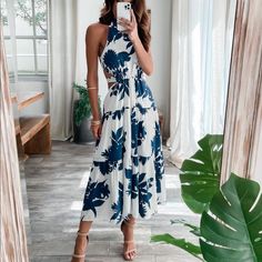 Ohm Boutique High Neck Midi Dress. Navy And White. Nwt Size Large. Elegant Blue Midi Dress For Beach Season, White Halter Neck Maxi Dress For Garden Party, Casual White Halter Neck Maxi Dress, White Halter Neck Casual Maxi Dress, White Halter Neck Midi Dress For Vacation, White Midi Dress For Beach Season Brunch, White Midi Length Dress For Beach Season, White Midi Dress For Beach Season, Red Flower Dress