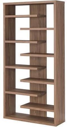 a wooden shelf with several shelves on each side