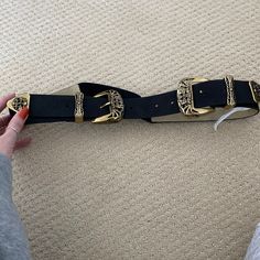 Gold Double Buckles Never Worn Gold Metal Double Chain Belt, Formal Black Belt Buckles With Gold-tone Logo, Vintage Black Belt With Brass Buckle, Elegant Black Belt Buckle With Gold-tone Logo, Double Buckle Belt, Luxury Black Belt Buckles With Gold-tone Hardware, Belt Buckles, Buckle, Womens Sizes