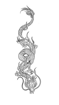 a black and white drawing of a dragon