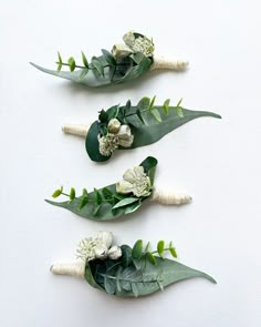 three white flowers and green leaves are arranged on a white surface