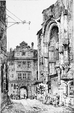 a drawing of an old city street