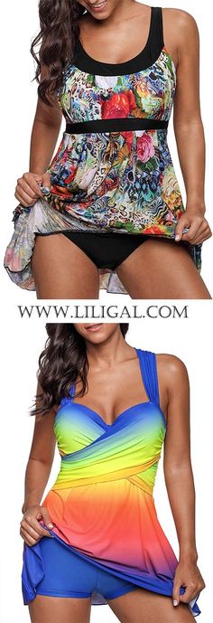 Definitely, it's very important to prepare a cute swimsuit for summer. These  swimdress must be a good choice for you. So, tell me which one you prefer, the layered colorful print one piece swimdress or the raibow swimdress and shorts?   #liligal #swimwear #swimsuit Printed Swimdress, Swimsuits One Piece, Shop Bikinis, Vintage Swimsuits