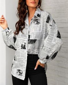 856fc81623da2150ba2210ba1b51d241 Newspaper Print, Ootd Hijab, Looks Chic, Trend Fashion, Casual Shirt, Outfits Casuales, Long Sleeve Casual, Teen Fashion, Chic Outfits