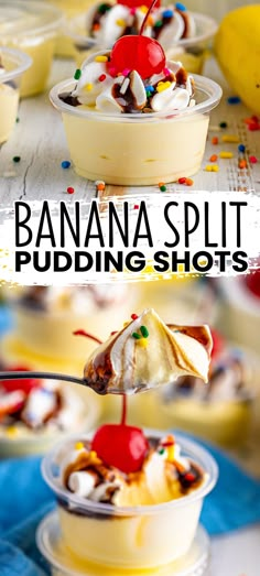 banana split pudding shots with whipped cream and cherries on top, served in small bowls