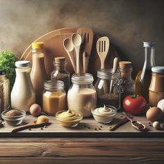 an oil painting of kitchen utensils and ingredients on a wooden table with a cutting board