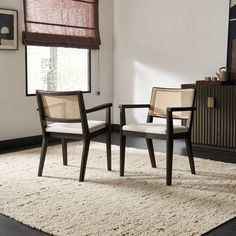 two chairs sitting on top of a rug in a room