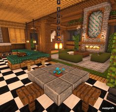 a minecraft living room with couches, tables and fireplace in the center area