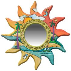 Sun Shaped Mirror – Go Barefoot sun-shaped mirror with sunset over a beach paradise motif Large Circle Mirror, Fish Aesthetic, Sticks Furniture, Handmade Mirrors, Shaped Mirror, Table Art, Des Moines Iowa, Tree Sculpture, Mirror Interior