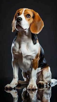 a beagle puppy sitting in front of a black background with its reflection on the floor