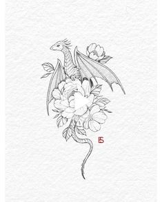 a drawing of a dragon with flowers on it