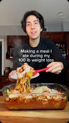 a man is making a meal with noodles and meat in the casserole dish