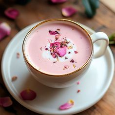 a cup filled with liquid sitting on top of a white plate next to pink petals