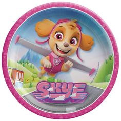 a pink paper plate with a cartoon dog on it