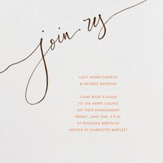 an orange and white wedding card with the word join us on it in cursive writing