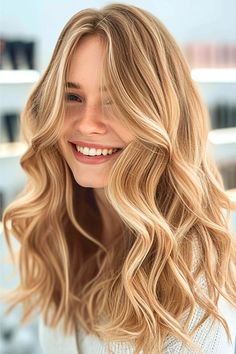 These multidimensional honey-blonde waves blend creamy and honeyed tones that flow like liquid gold. They provide a mesmerizing blend of depth and movement. Click here to see more blond hair color ideas. Honey Blonde Hair With Babylights, Wide Blonde Highlights, Cute Hair Blonde, Highlights For Blonde Hair, Cherry Blonde, Gorgeous Blonde Hair, Narcissa Malfoy, Warm Blonde Hair