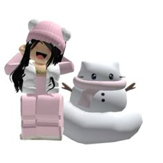 a girl in a pink hat is next to a snowman and cat figure, both made out of legos