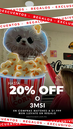 a woman holding up a popcorn bucket with a dog in it and the caption reads 20 % off masi