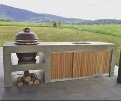 an outdoor bbq grill with wood logs on the patio