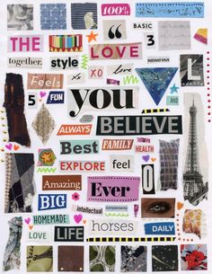 the collage is made up of different types of words and pictures, including eiffel tower