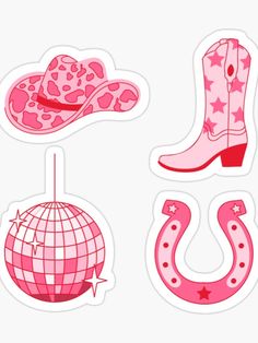 four pink stickers with cowboy hats, boots and a ball on the top one