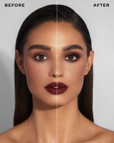 Soft Smokey Eye Makeup With Red Lips, Vampy Wedding Makeup, Dark Brown Lipstick Makeup, Makeup For Black Dress Formal, Dark Red Lipstick Makeup, Elizabeth Sawatzky, Soft Cat Eye, Maroon Lipstick