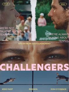 the movie poster for the film challengers with two faces and people in the background