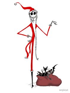 a drawing of a skeleton standing next to a cat on top of a bag with a bat in it