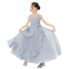 This gorgeous flower girl dress made out of a chiffon bodice with relaxed A-line skirt. The skirt has 3 layers, top 1st layer is made of chiffon, 2nd and 3rd layers are soft satin lining to bring comfort to your little girl while wearing the dress. Size: 8.  Color: Blue.  Gender: female.  Age Group: kids. Light Blue Long Dress, Recital Dress, Chiffon Flower Girl Dress, Girls Ball Gown, Wedding Dresses For Kids, Costumes Kids, Formal Evening Gown, Fancy Gowns, Flower Girl Dresses Tutu