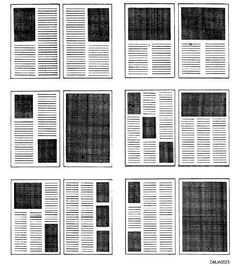 six pages of newspaper with black and white lines