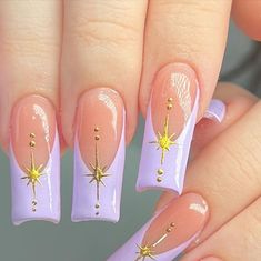 Purple And Yellow French Tip Nails, Nail Ideas With Purple, Rapunzel Inspired Nails Acrylic, Gold And Lavender Nails, Rapunzel Acrylic Nails, Sleeping Beauty Inspired Nails, Purple Theme Nails