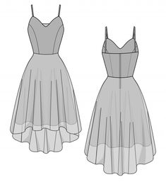 the front and back view of a short dress with spaghetti straps, on a white background