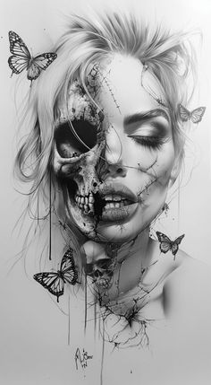 a woman's face with butterflies on it and a skull in the middle of her face