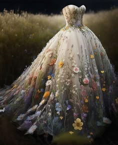 a dress with flowers painted on it in the middle of a grassy field at night