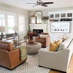 a living room filled with furniture and a fire place in the middle of a room