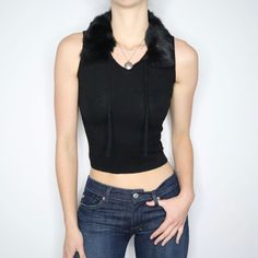 90s Rabbit Fur Trim Black Tank Top (XS/S) Clothes Winter, Outfit Pink, Black Tank Top, Rabbit Fur, Black Tank, Fur Collar