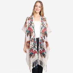 Size : One Size Material : 100% Polyester White Spring Outerwear With Tassels, White Tasseled Outerwear For Spring, Spring Kimono With Tassels, Spring Multicolor Outerwear With Tassels, Multicolor Spring Outerwear With Tassels, Spring Multicolor Tassel Shawl, Spring Kimono With Tassel Ties, Casual Spring Kimono With Tassels, Casual Spring Shawl