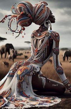 an african woman sitting on the ground in front of elephants, with her head covered by beads