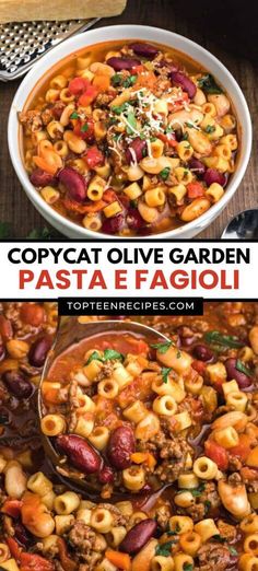 two pictures showing different types of pasta and meat in a white bowl, with text overlay reading copycat olive garden pasta e fagioi