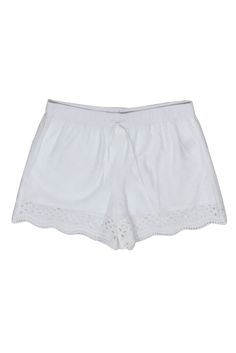 Current Boutique-Club Monaco - Ivory Eyelet Trim Shorts Sz 4 White Cotton Bottoms With Eyelet Details, White Cotton Shorts For Summer Outings, Casual Summer Shorts With Crochet Trim, Casual Cotton Shorts With Crochet Trim, Crochet Trim Shorts For Summer Vacation, Summer Vacation Crochet Trim Shorts, Casual Beach Shorts With Lace Trim, White Crochet Trim Shorts For Beach, White Casual Bottoms With Crochet Trim