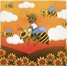 a man flying through the air on top of a yellow and black bee in front of sunflowers