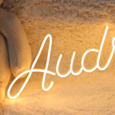 a teddy bear laying on top of a white blanket next to the word aud